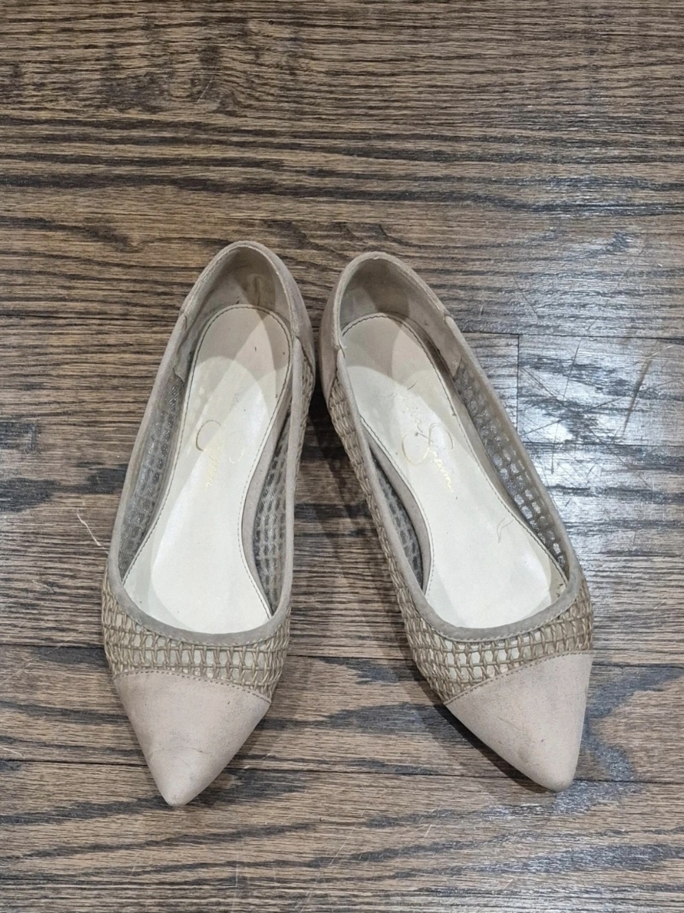Jessica Simpson Beige Pointed-Toe Flats with Woven Detail